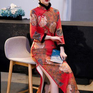 3/4-sleeve Fluffy Trim Floral Midi Sheath Qipao Dress