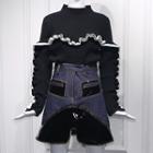 Ruffle Trim Sweater / Faux Leather Panel Mini A-line Skirt