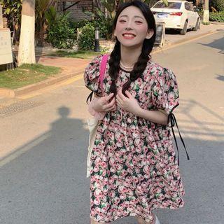 Puff-sleeve Flower Print Mini A-line Dress Pink Floral - Black - One Size