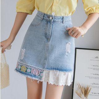 Embroidered Ripped Mini Denim Skirt