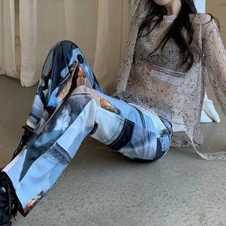 Long-sleeve Mesh Top / Printed Wide Leg Pants