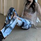 Long-sleeve Mesh Top / Printed Wide Leg Pants