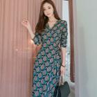 3/4-sleeve Print Split-hem Midi Wrap Dress