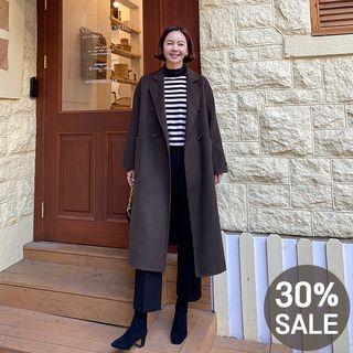 Double-breasted Wool Blend Coat With Sash Khaki - One Size