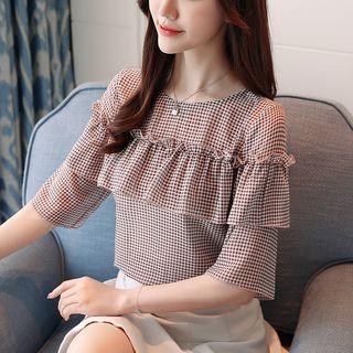 Ruffle Trim Plaid Elbow-sleeve Blouse