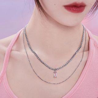 Rhinestone Pendant Layered Alloy Necklace Pink Pendant - Silver - One Size
