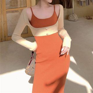 Long-sleeve Crop Top / Spaghetti Strap Knit Midi Bodycon Dress