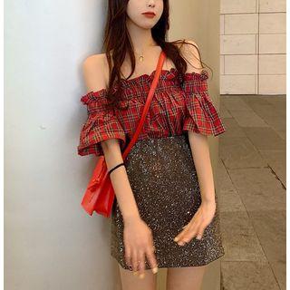 Boatneck Ruffled-trim Plaid Top / Sequined Pencil Skirt