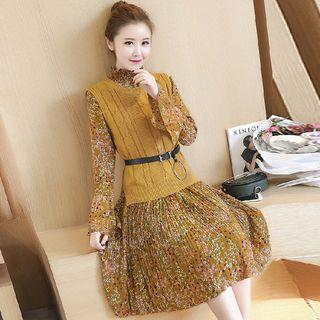 Set: Cable Knit Vest + Floral Print Long Sleeve Chiffon Dress