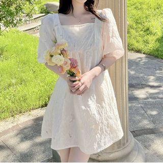 Puff-sleeve Square-neck Bow A-line Dress