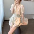 Set: Short-sleeve V-neck Chiffon Blouse + Shorts