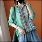 Striped Elbow-sleeve Blouse Blue - One Size