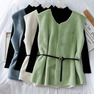 Set: Mock-neck Knit Top + Buttonless Furry Vest With Belt
