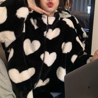 Heart Print Zip Jacket Black - One Size