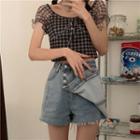 Short-sleeve Plaid Top / Denim Skort