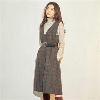 From Seoul Sleeveless Check Dress With Belt Black - One Size