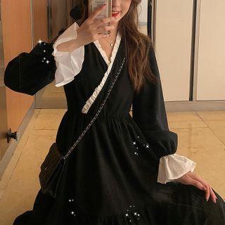 Long-sleeve Ruffled A-line Midi Dress / Camisole Top