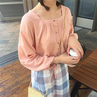 Square Neck Blouse / Plaid Straight Fit Skirt