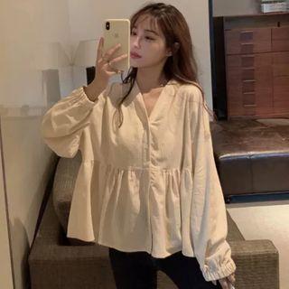 Long-sleeve Plain Ruffle-trim Blouse