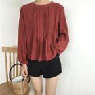 Plain Pleated Loose-fit Long-sleeve Blouse