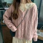 Cable-knit V-neck Cardigan / Lace Long-sleeve Midi Collared Dress