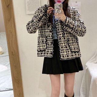 Long-sleeve Turtleneck Plain Top / Tweed Jacket / Pleated A-line Mini Skirt