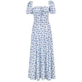 Puff-sleeve Floral Print Slit A-line Dress
