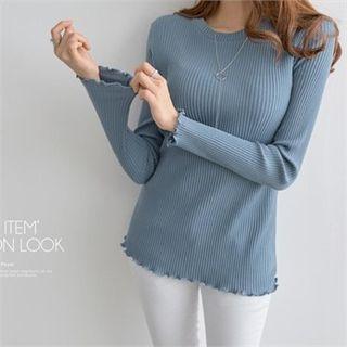 Frill-edge Ribbed Knit Top