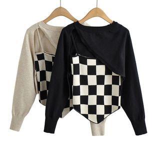 Set: Plain Long-sleeve Top + Checker Spaghetti Strap Top