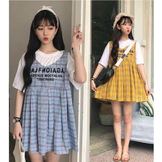 Plaid Mock Two-piece Short-sleeve Dress