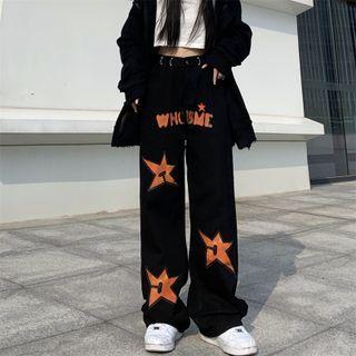 Lettering Star Print Wide Leg Pants