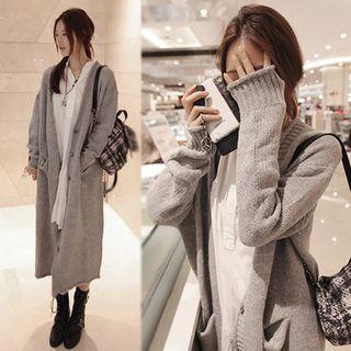 Plain V-neck Long Cardigan Light Grey - One Size