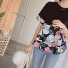 Round-neck Slit-side Floral Print Top