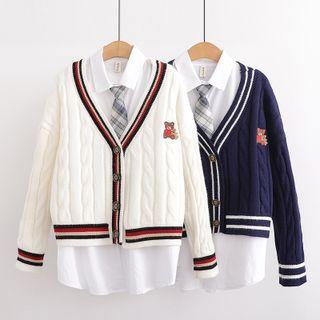 Set: Plain Shirt + Plaid Tie + Bear Embroidered V-neck Cardigan