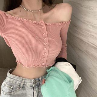 Off-shoulder Long-sleeve Slim-fit Crop Top - 4 Colors