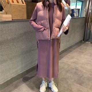 Side Slit Long-sleeve Midi Knit Dress / Stand Collar Padded Vest