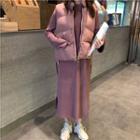 Side Slit Long-sleeve Midi Knit Dress / Stand Collar Padded Vest