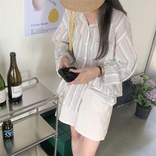 Color-block Striped Button-up Oversize Shirt Stripe - One Size