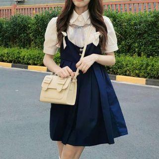 Pleated Mini A-line Overall Dress / Elbow-sleeve Shirt