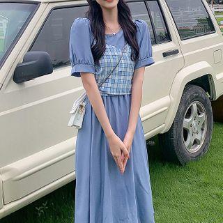 Mock Two-piece Plaid Panel Short-sleeve Midi A-line Dress