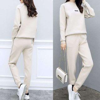 Set: Contrast Trim Knit Pullover + Knitted Sweatpants