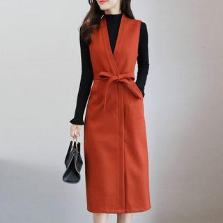 Set: Mock-neck Long-sleeve Knit Top + V-neck Sleeveless Midi Dress