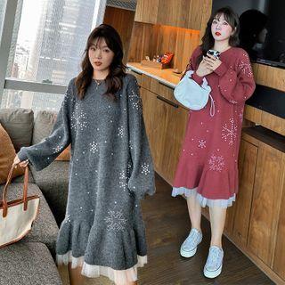 Long-sleeve Snowflake Knit Midi Dress