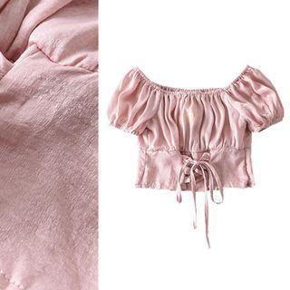 Satin Puff-sleeve Shirred Cropped Blouse