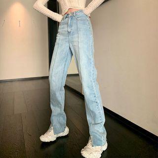Slit Washed Straight Leg Jeans / Belt / Set