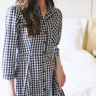 3/4-sleeve Check A-line Shirtdress