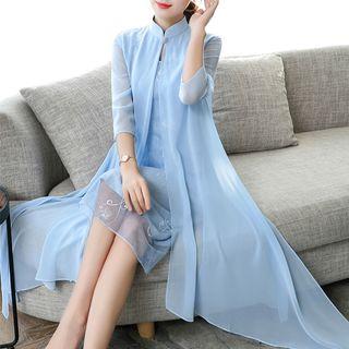 Mock Two-piece 3/4-sleeve Embroidered Midi Dress