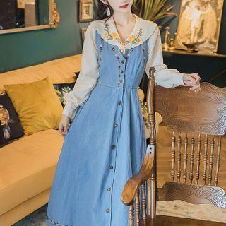 Long-sleeve Floral Embroidered Blouse / Denim Midi Overall Dress