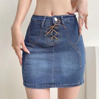 Lace-up Denim Mini Pencil Skort