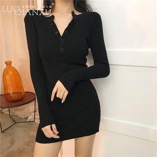 Half-placket Mini Knit Sheath Dress